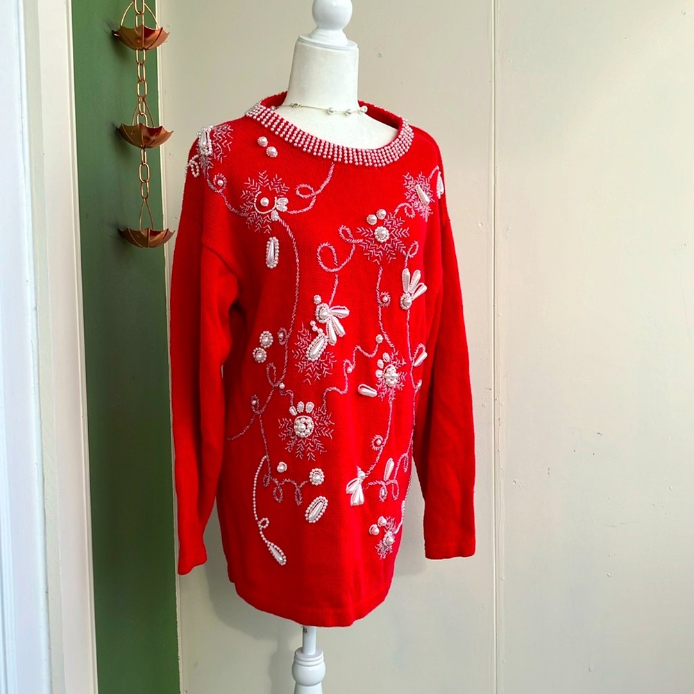 Vintage 80s 90s Victoria Harbour Red Pearl Embellished Tunic Sweater As Is